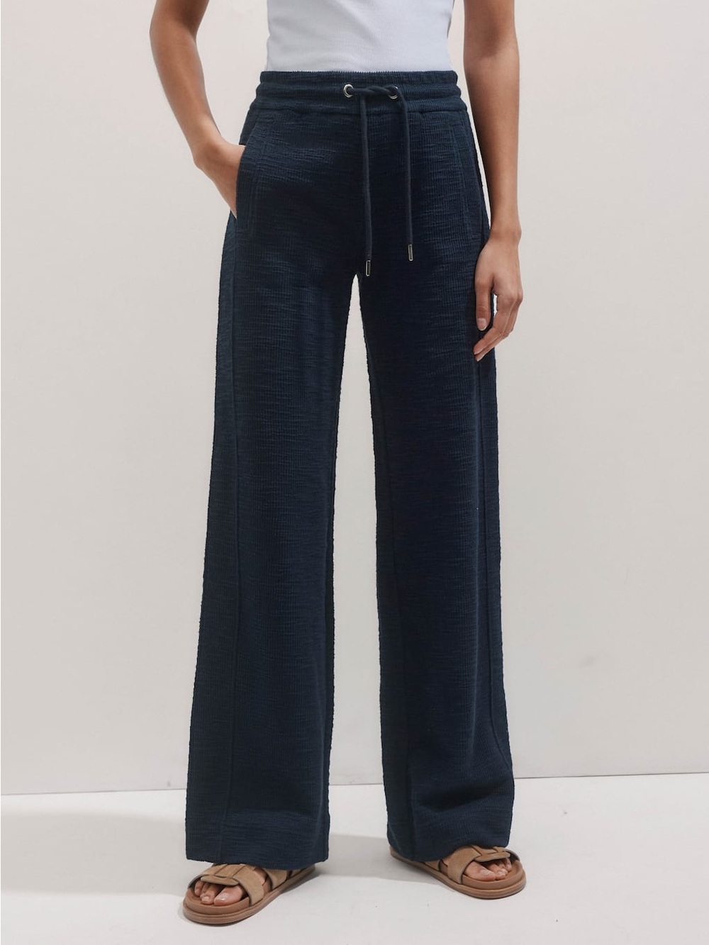 ME + EM Navy Textured Jersey Wide Leg Track Pant Sz 6 US